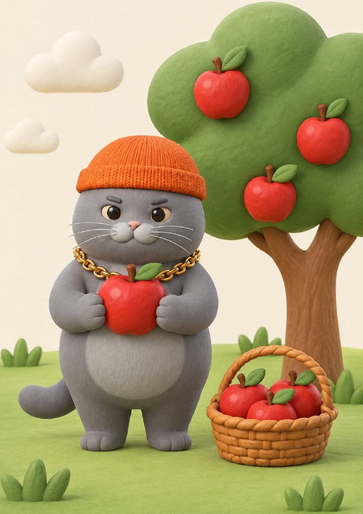 Full-color inspiration page showing MC BUTTER holding an apple beside an apple tree
