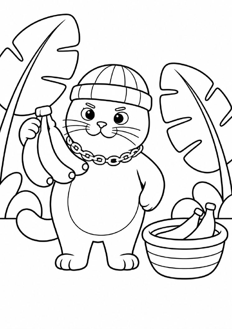 Black-and-white banana coloring page showing MC BUTTER and a fruit basket