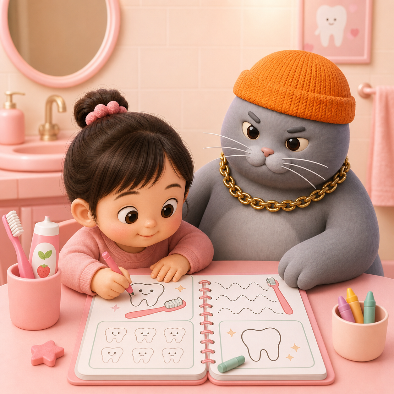 MC BUTTER helping a child practice in a brush teeth workbook