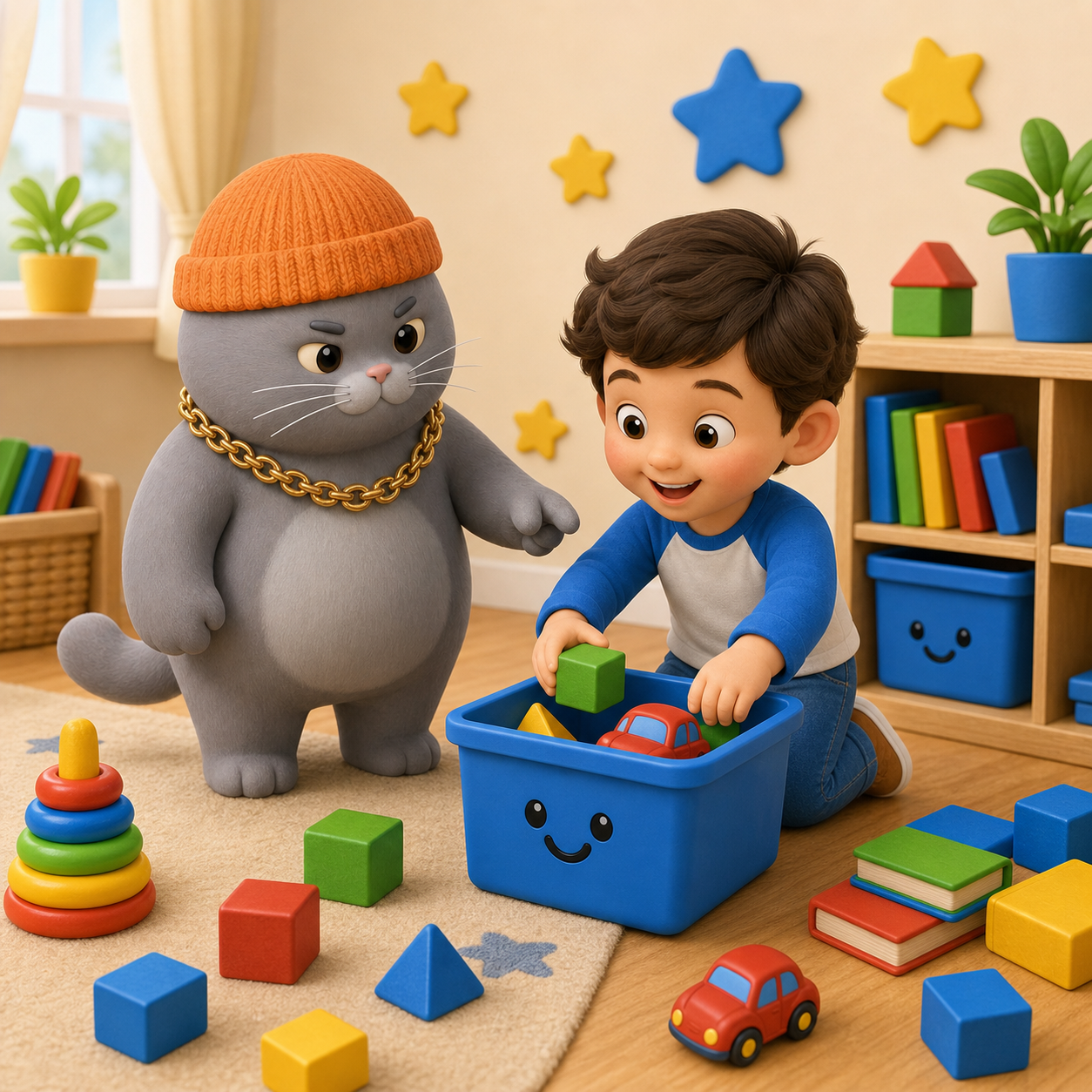 MC BUTTER helping a child practice cleaning up toys