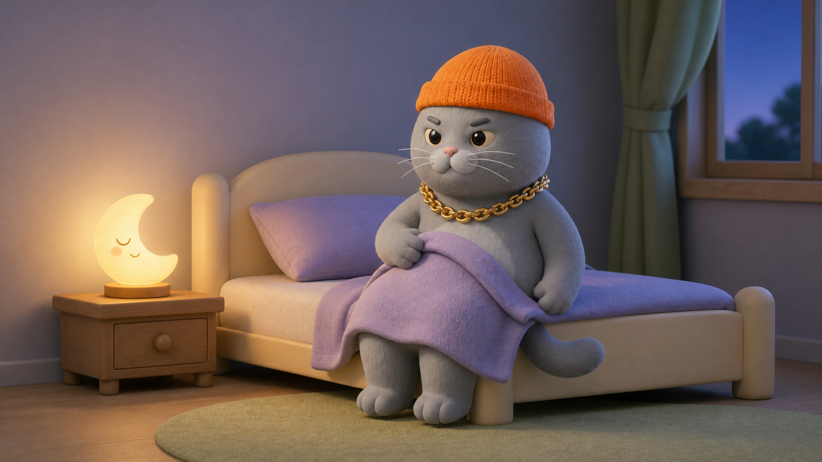 MC BUTTER sitting calmly on a bed with a lavender blanket before sleep