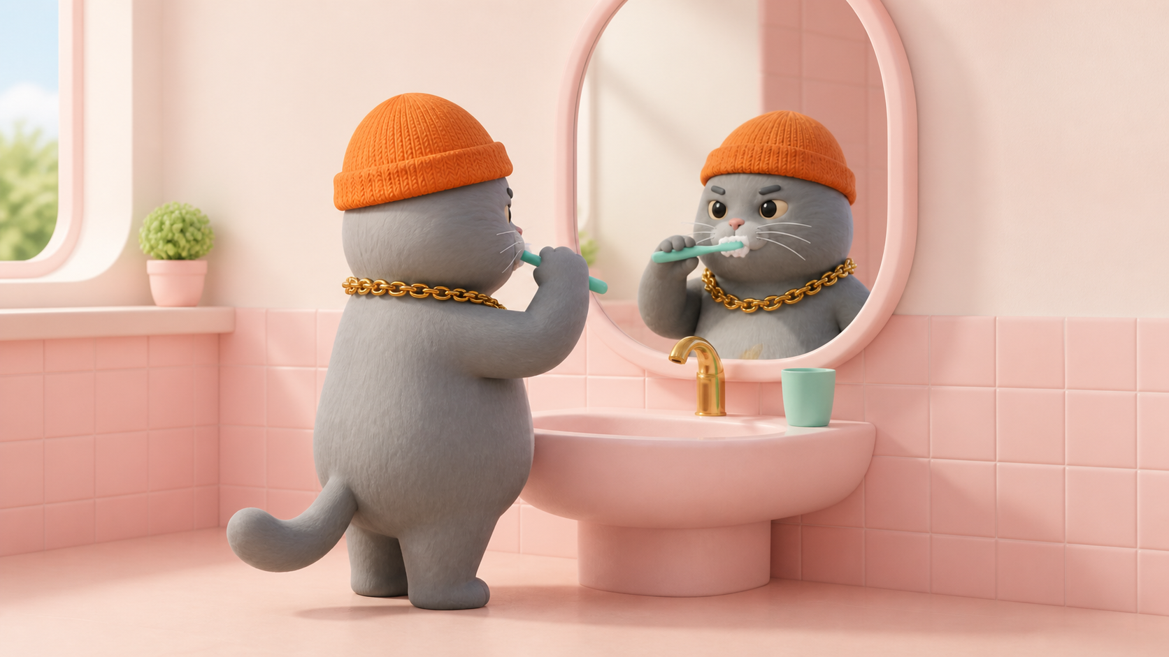 MC BUTTER brushing his teeth in front of a bathroom mirror