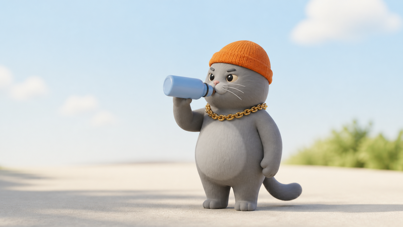 MC BUTTER calmly drinking from a blue water bottle outdoors