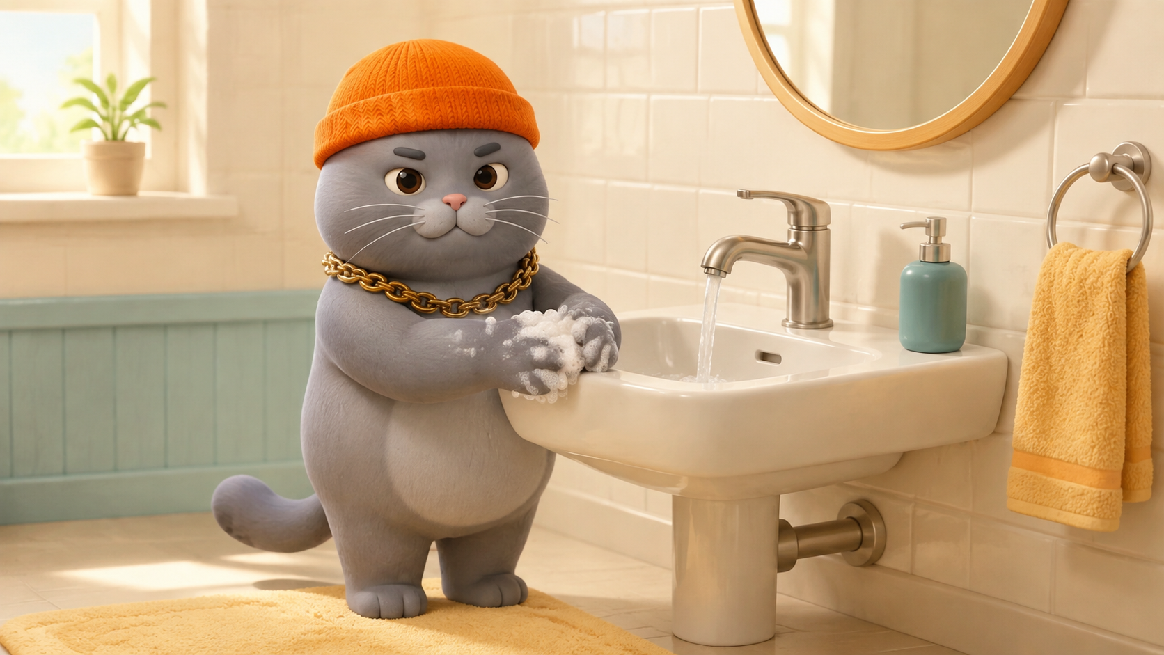 MC BUTTER washing soapy paws at a child-height sink in a warm, bright bathroom