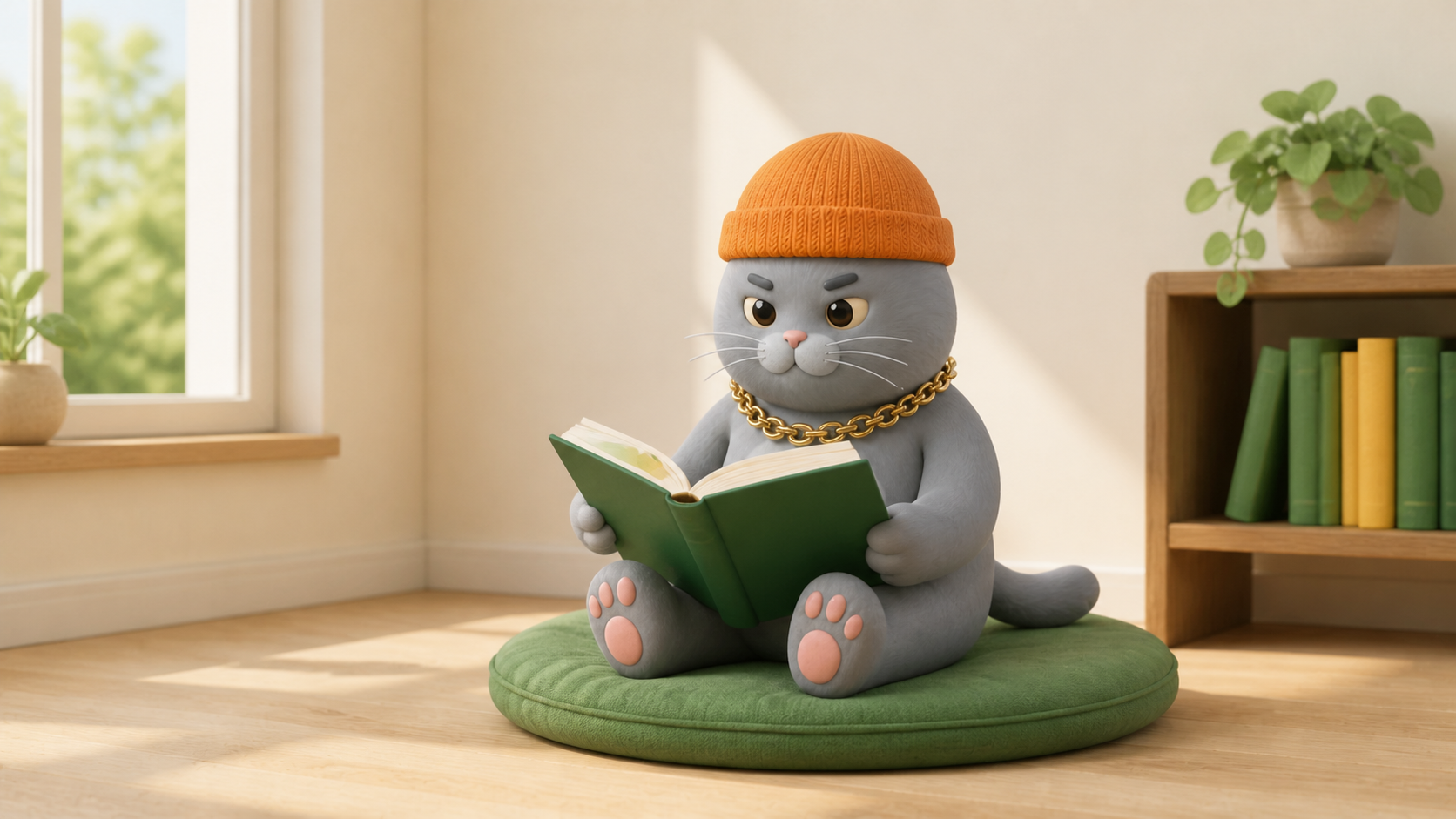 MC BUTTER sitting on a green cushion and reading a book in a bright reading corner