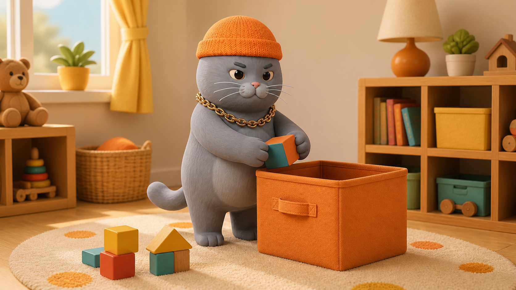 MC BUTTER placing colorful wooden blocks into an orange storage bin in a warm playroom