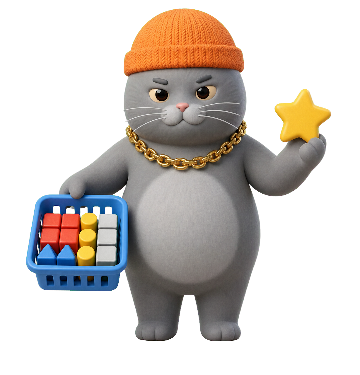 MC BUTTER holding a tidy toy basket and reward star